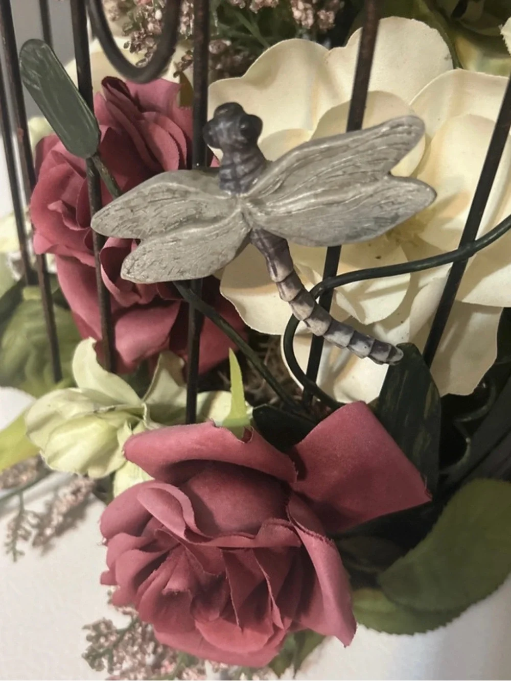 Black Metal Birdcage Floral Centerpiece with Burgundy and Cream Roses